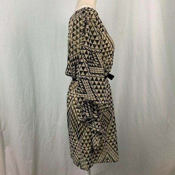 As U Wish Geometric Print Dress L Tie Elastic Waist Dolman Sleeves Black Tan - Picture 4 of 6